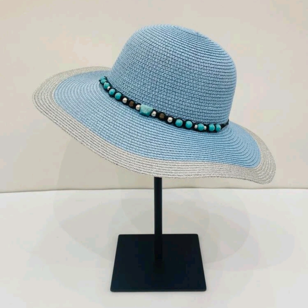 Floppy Hat Color block Blue Silver Shimmer Faux Turquoise Stone Beads - Picture 2 of 7